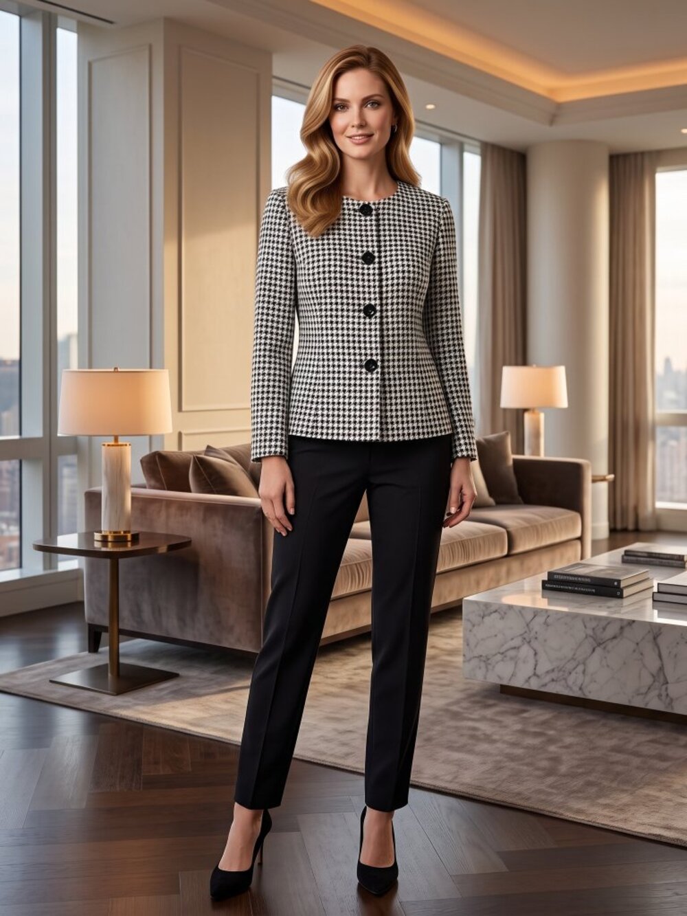 KASPER Houndstooth Blazer Jacket Womens Size 10 Black White Tweed Collarless Mod